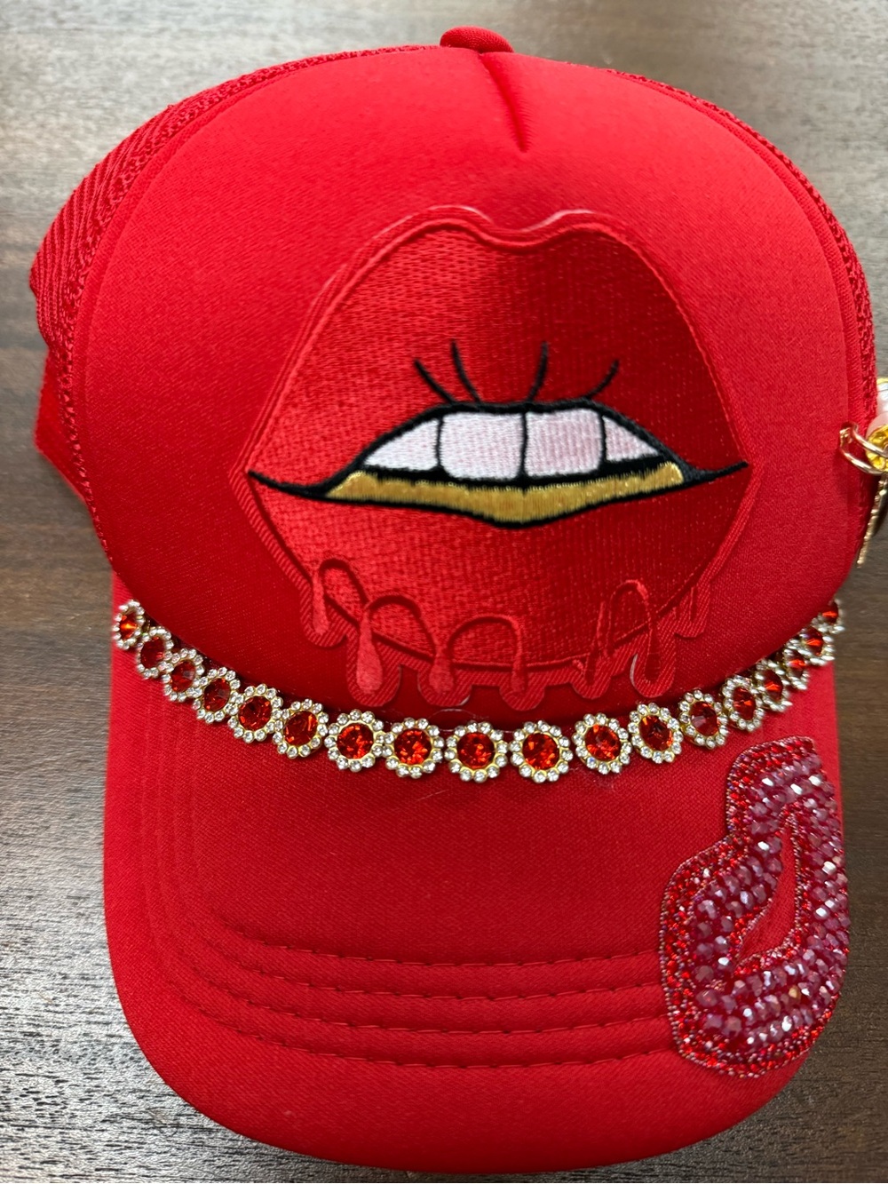 New Red Embellished Lip Trucker Hat - Women Accessories